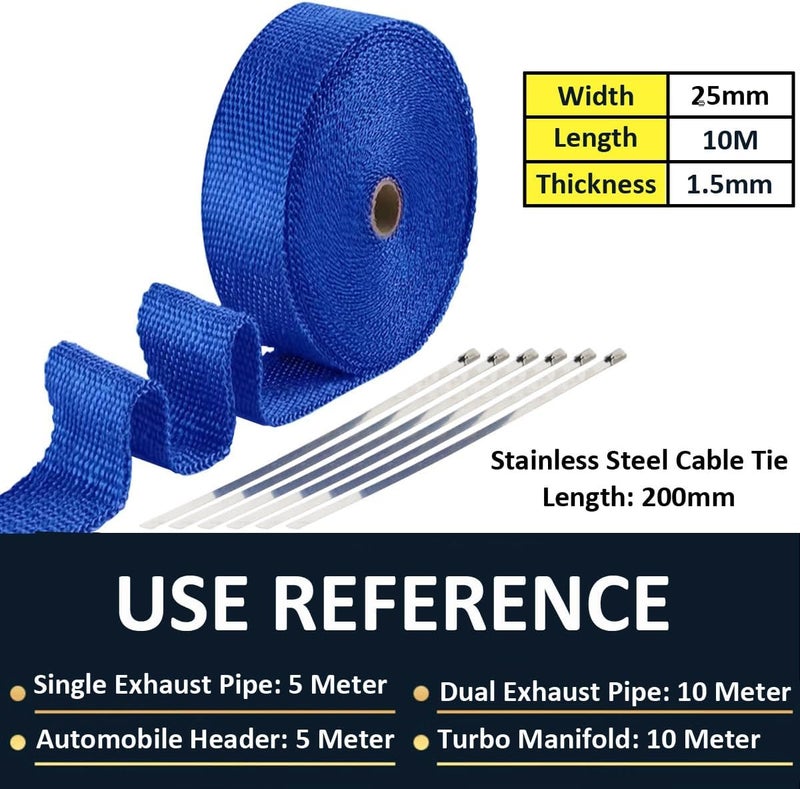 LKRXW Blue Exhaust Heat Wrap 1" x 32 Feet Motorcycle Exhaust Header Pipe Wrap Fiberglass Heat Shield Tape Car Manifold Insulation Thermal Protection with 6pcs Stainless Ties - Image 5